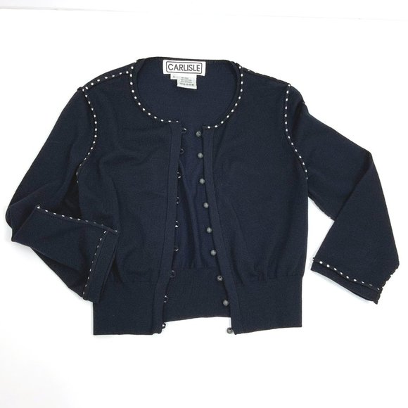 Vintage Carlisle Knit Silk Blend Crop Cardigan Polka Dot Trim Sz S - Picture 9 of 16